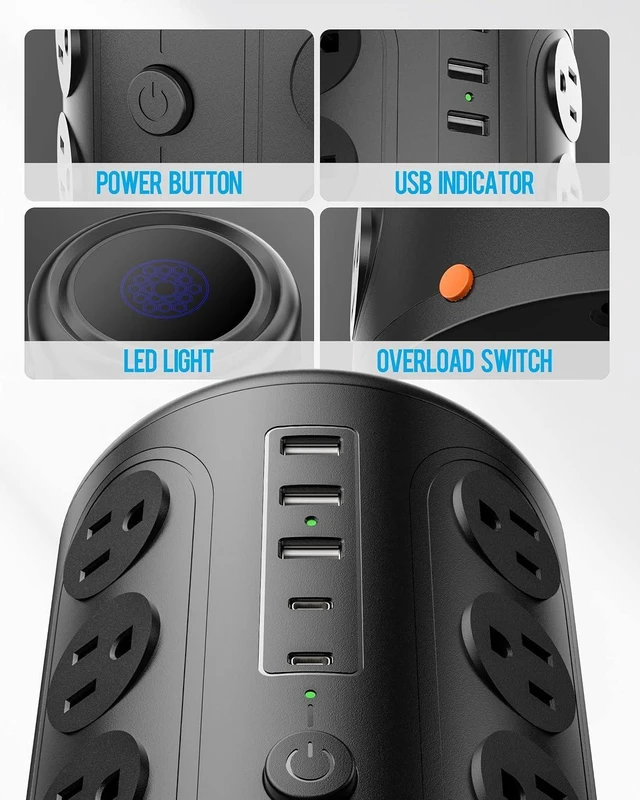 Alt view image 12 of 12 - Surge Protector Power Strip 10 FT Cord, TenTrend Vertical Power Tower with 16 Outlets and 5 USB Ports (2 USB-C), 1875W 2000J Charging Station for Home Office Desk, Dorm Room Essentials, Black