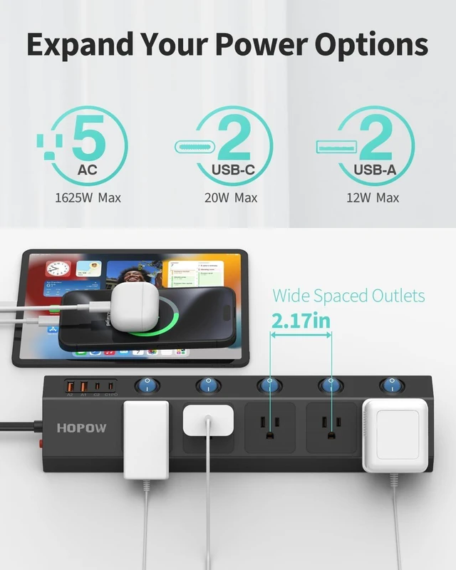 Alt view image 9 of 12 - Flat Plug Power Strip with Individual Switches, 10 Ft Ultra Thin Flat Extension Cord, 5-Outlet Surge Protector with 2 USB-C (20W PD) & 2 USB-A, 1700 Joules, Wall Mount for Home Office, Black