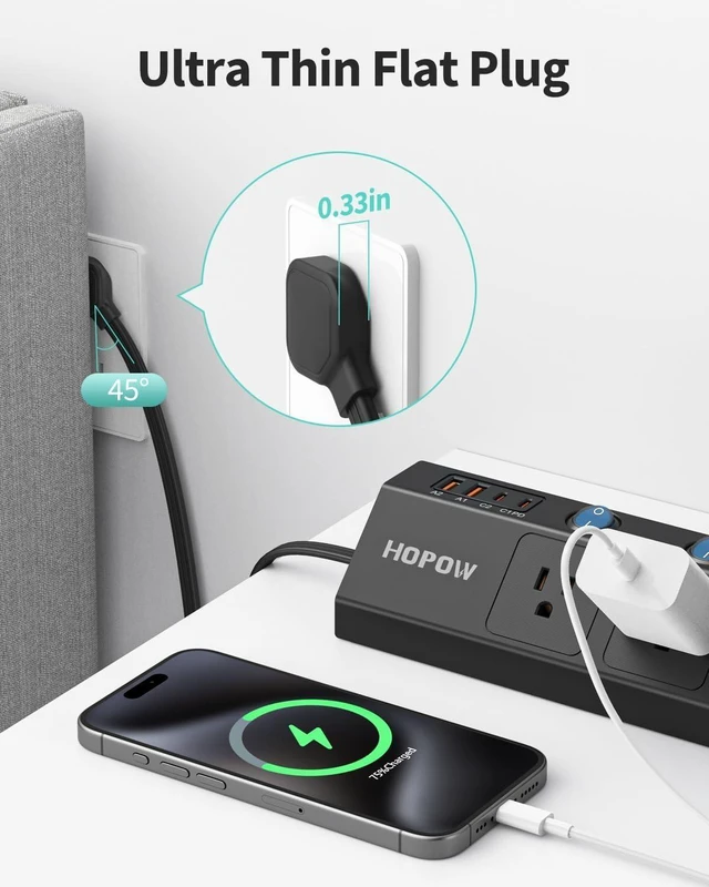 Alt view image 10 of 12 - Flat Plug Power Strip with Individual Switches, 10 Ft Ultra Thin Flat Extension Cord, 5-Outlet Surge Protector with 2 USB-C (20W PD) & 2 USB-A, 1700 Joules, Wall Mount for Home Office, Black