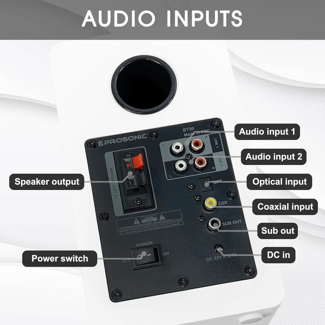 Alt view image 14 of 14 - Active Bluetooth Bookshelf Speaker Studio Monitor Home Theater, Optical Input, Coaxial Input, 2 x RCA Aux Input, 30 Watts x 2 (White)