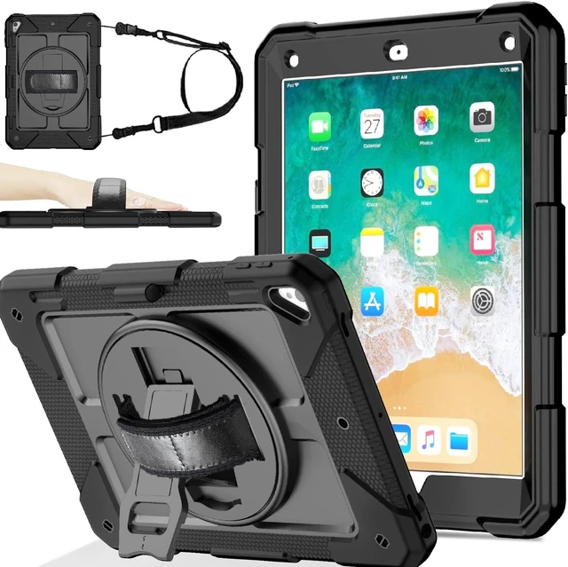 Alt view image 8 of 14 - BMOUO Case for iPad 6th/5th Generation Case (9.7 inch, 2018/2017), 360°Rotating Stand, Hand/Shoulder Strap Shockproof iPad 9.7 Case for iPad Air 2, Black