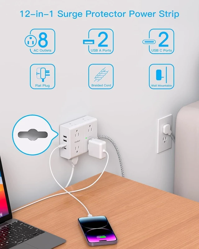Alt view image 12 of 14 - Surge Protector Power Strip 15 Ft Cord, Ultra Thin Flat Extension Cord with 8 Outlets 4 USB Ports(2 USB C), Flat Plug Power Strip, 15 Ft Long Braided Power Cord for Home, Office, Dorm Room Essentials