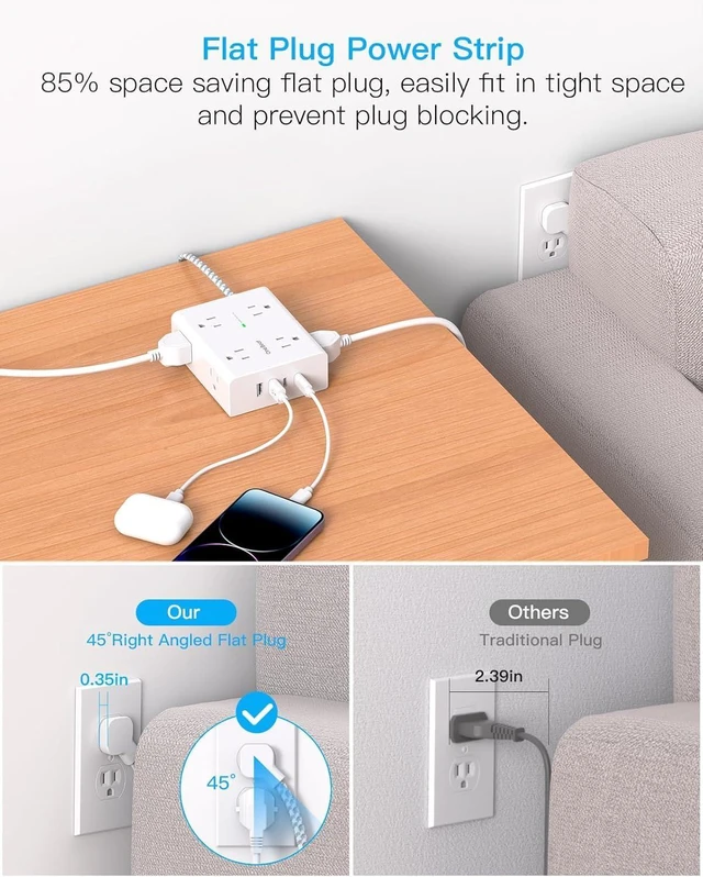 Alt view image 11 of 14 - Surge Protector Power Strip 15 Ft Cord, Ultra Thin Flat Extension Cord with 8 Outlets 4 USB Ports(2 USB C), Flat Plug Power Strip, 15 Ft Long Braided Power Cord for Home, Office, Dorm Room Essentials