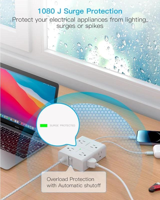 Alt view image 14 of 14 - Surge Protector Power Strip 15 Ft Cord, Ultra Thin Flat Extension Cord with 8 Outlets 4 USB Ports(2 USB C), Flat Plug Power Strip, 15 Ft Long Braided Power Cord for Home, Office, Dorm Room Essentials