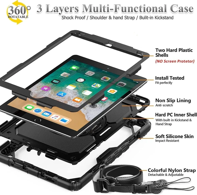 Alt view image 10 of 14 - BMOUO Case for iPad 6th/5th Generation Case (9.7 inch, 2018/2017), 360°Rotating Stand, Hand/Shoulder Strap Shockproof iPad 9.7 Case for iPad Air 2, Black