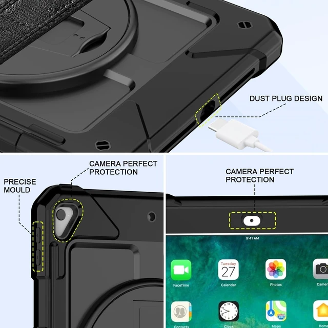 Alt view image 11 of 14 - BMOUO Case for iPad 6th/5th Generation Case (9.7 inch, 2018/2017), 360°Rotating Stand, Hand/Shoulder Strap Shockproof iPad 9.7 Case for iPad Air 2, Black