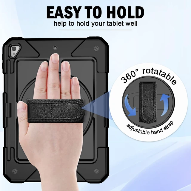Alt view image 14 of 14 - BMOUO Case for iPad 6th/5th Generation Case (9.7 inch, 2018/2017), 360°Rotating Stand, Hand/Shoulder Strap Shockproof iPad 9.7 Case for iPad Air 2, Black