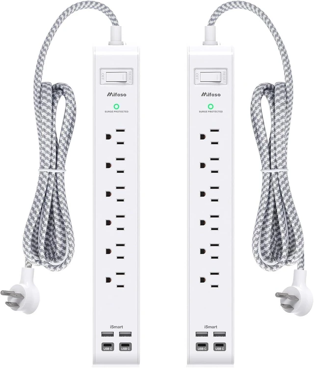 Alt view image 8 of 14 - 2 Pack Power Strip, 12FT Long Extension Cord, Surge Protector with 6 Outlets and 4 USB Ports (2 USB C), Flat Plug Overload Protection, Extension Cord 10+ ft, Wall Mount for Home Office Dorm College