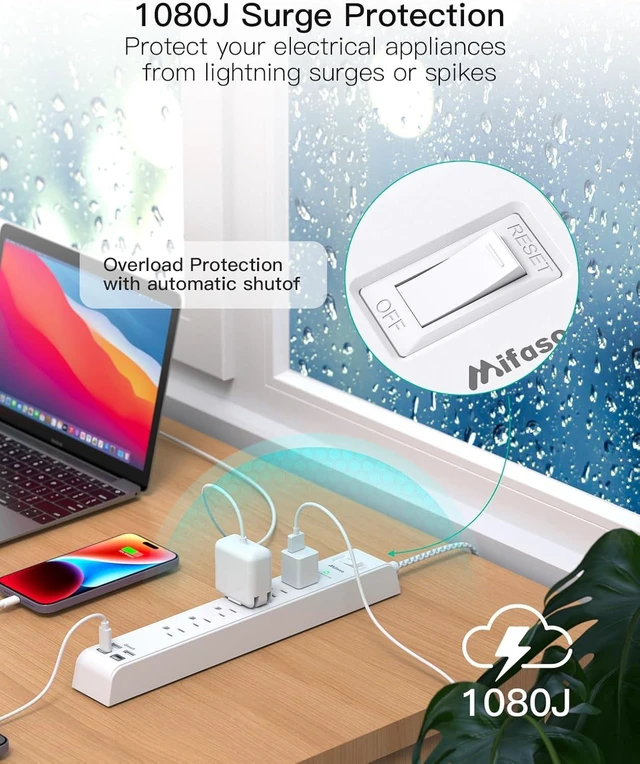 Alt view image 12 of 14 - 2 Pack Power Strip, 12FT Long Extension Cord, Surge Protector with 6 Outlets and 4 USB Ports (2 USB C), Flat Plug Overload Protection, Extension Cord 10+ ft, Wall Mount for Home Office Dorm College
