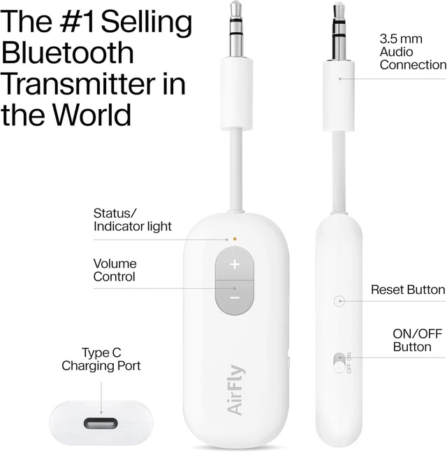 Alt view image 12 of 14 - Twelve South AirFly SE | Bluetooth Wireless Audio Transmitter Adapter for AirPods/Headphones, 20+ Hr Battery, Works with 3.5mm aux Jacks on Airplanes, TVs, Gym Equipment, and Travel