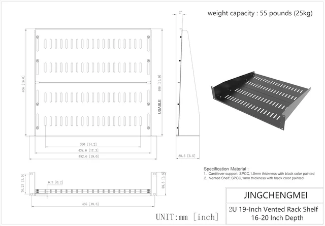 Alt view image 12 of 14 - JINGCHENGMEI 2U Vented Server Rack Shelf- Deep Adjustable Universal Rack Mount Cantilever Tray for 19" Network Equipment Rack & Cabinet,16 inches Deep, Black (2U16Inch)