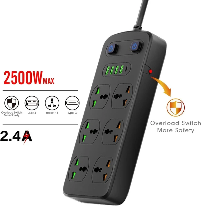 Alt view image 6 of 8 - Universal Power Strip with USB and Type C Port, Surge Protector with 6 Universal Oulets and 4 USB, 110-250V, 6.5ft Extension Lead 2500W for European Travel, Home Office Black
