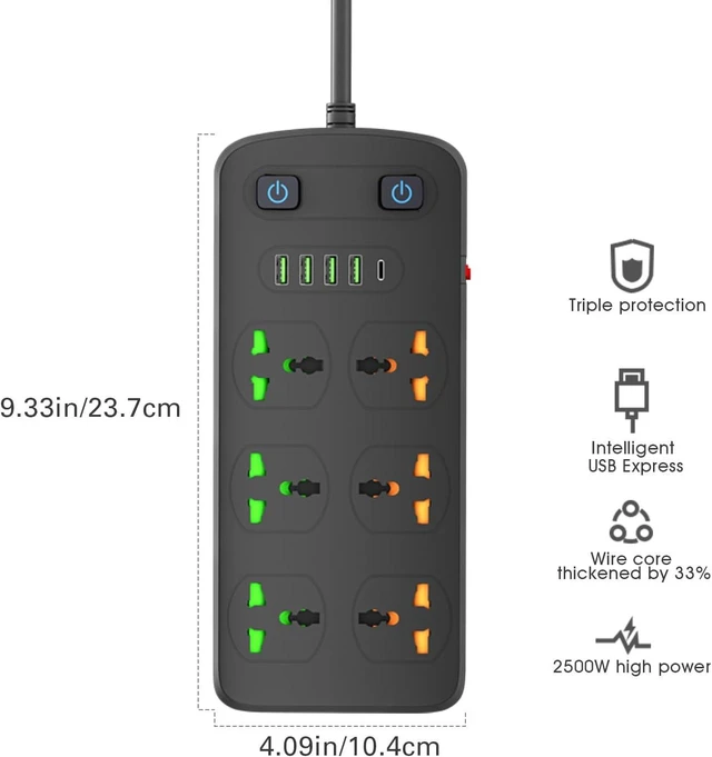 Alt view image 7 of 8 - Universal Power Strip with USB and Type C Port, Surge Protector with 6 Universal Oulets and 4 USB, 110-250V, 6.5ft Extension Lead 2500W for European Travel, Home Office Black
