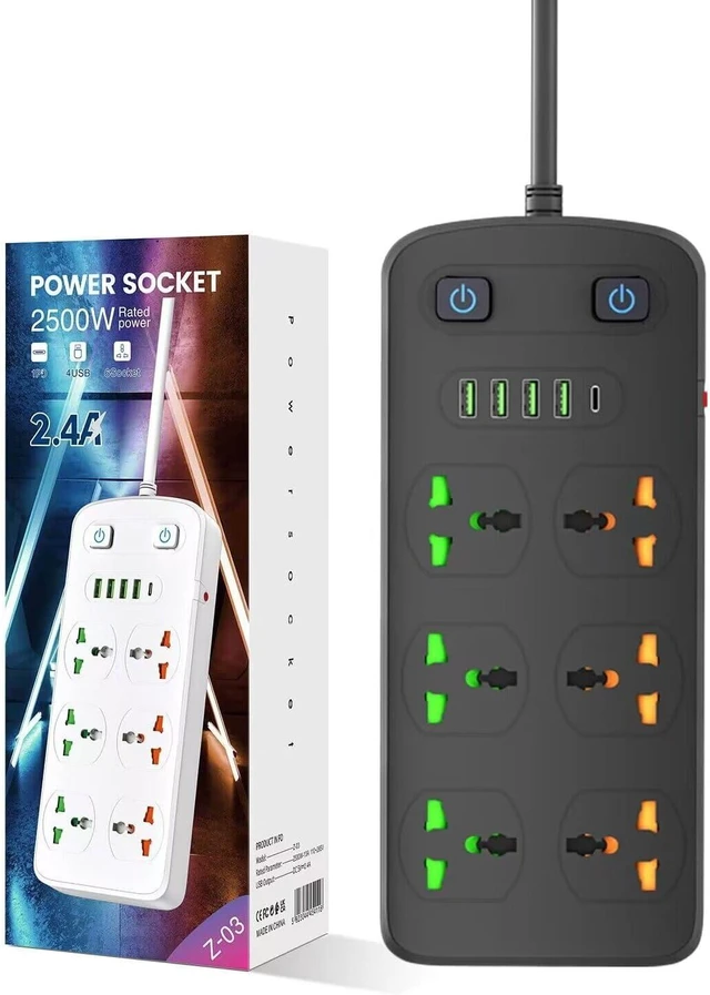 Alt view image 8 of 8 - Universal Power Strip with USB and Type C Port, Surge Protector with 6 Universal Oulets and 4 USB, 110-250V, 6.5ft Extension Lead 2500W for European Travel, Home Office Black