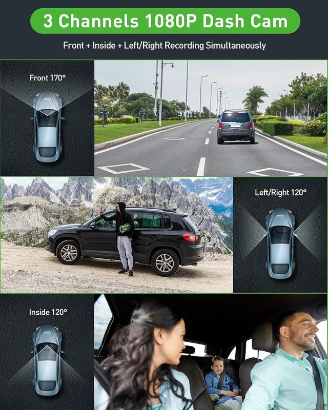 Alt view image 8 of 12 - 3 Channel 1080P Dash Cam Front and Inside Left/Right, Free 32G Card, Dash Camera Loop Recording, Triple Camera for Cars 24 Hours/7 Parking Monitor, Wide Angle, IR Night Vision, with G-Sensor, Black