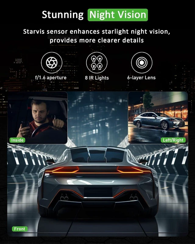 Alt view image 10 of 12 - 3 Channel 1080P Dash Cam Front and Inside Left/Right, Free 32G Card, Dash Camera Loop Recording, Triple Camera for Cars 24 Hours/7 Parking Monitor, Wide Angle, IR Night Vision, with G-Sensor, Black