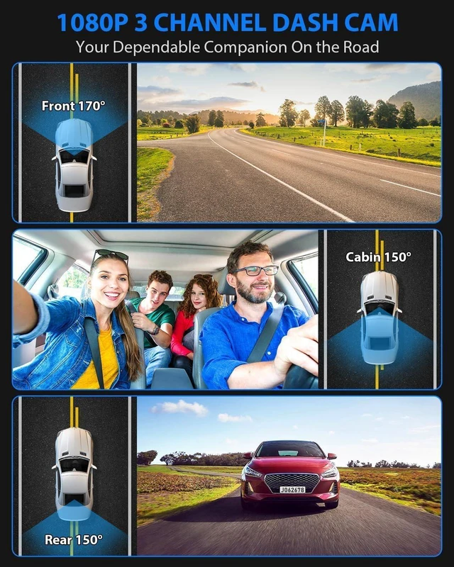Alt view image 9 of 14 - Dash Cam Front and Rear, 1080P Dash Camera for Cars, 3 Channel Car Camera Front Rear and Inside with 32GB Card, Loop Recording, Night Vision, HDR, 24Hr Parking, G-Sensor