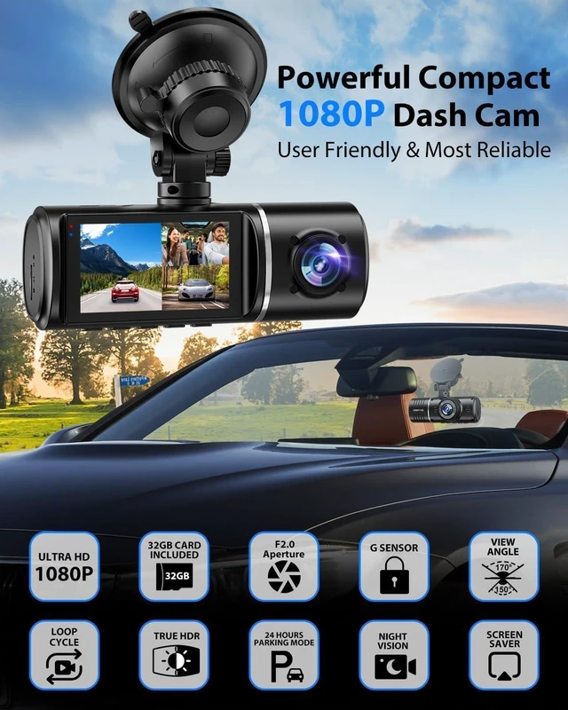 Alt view image 10 of 14 - Dash Cam Front and Rear, 1080P Dash Camera for Cars, 3 Channel Car Camera Front Rear and Inside with 32GB Card, Loop Recording, Night Vision, HDR, 24Hr Parking, G-Sensor