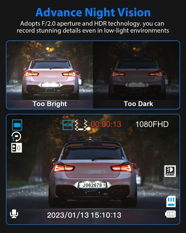 Alt view image 14 of 14 - Dash Cam Front and Rear, 1080P Dash Camera for Cars, 3 Channel Car Camera Front Rear and Inside with 32GB Card, Loop Recording, Night Vision, HDR, 24Hr Parking, G-Sensor