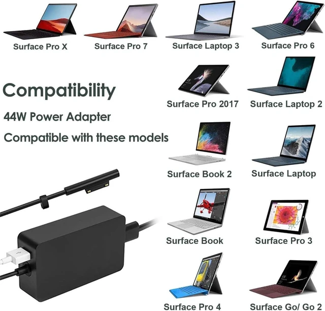 Alt view image 8 of 12 - Surface Charger, 44W Power Supply Adapter for Microsoft Surface Pro 3/4/5/6/7, Surface Laptop, Surface Book, Surface Go, Surface Laptop Go, with 6.2 Ft Power Cord