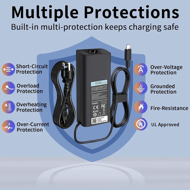 Alt view image 10 of 12 - 65W USB C Laptop Charger Compatible with Dell Laptop Charger USB C: Latitude 5520 5530 5540 5450 5420 3550 7420 Chromebook XPS 13 Dell Power Cord Type C