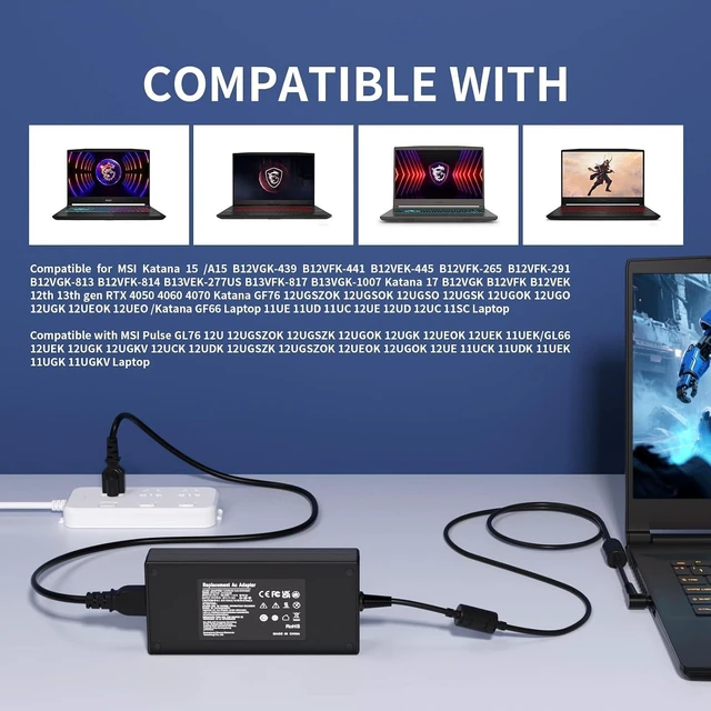 Alt view image 13 of 14 - 20V 12A 240W Laptop Charger for MSI Katana 15 17 B13V B13VFK B13VGK B12V B12VGK B12VFK B12VEK Crosshair 15 16 17 Katana GF76 Stealth 14 Studio GS66 GF66 GF76 GL66 GL76-4.5 * 3.0MM