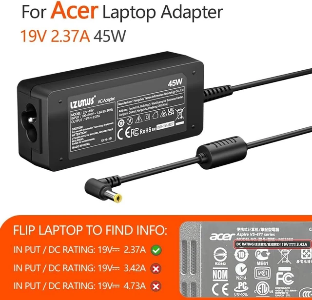 Alt view image 10 of 14 - 45W AC Adapter Charger 19V 2.37A 5.5x1.7mm for Acer Laptop Adaptor Aspire P255 v15 5750 1400 A045R021L for Aspire 3/5 Series Power Supply