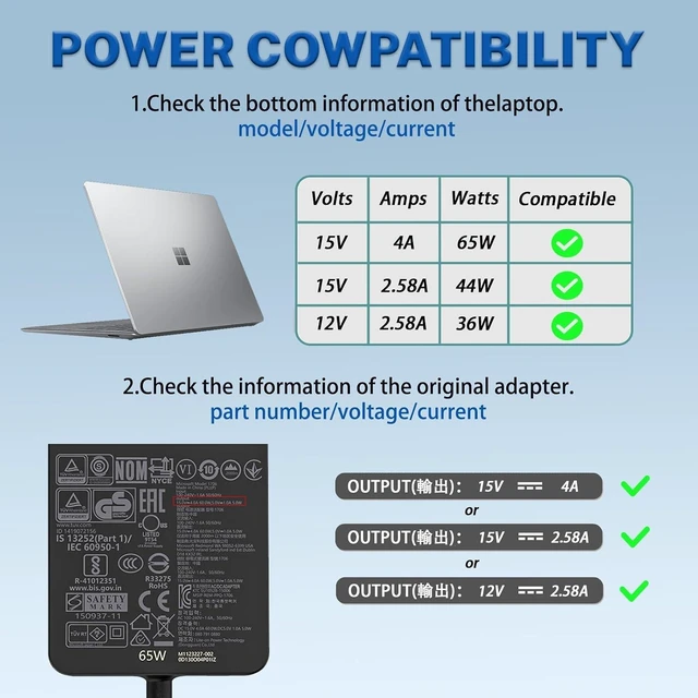 Alt view image 10 of 14 - 65W 44W 1796 1706 1800 1625 Laptop Charger Compatible with Microsoft Surface Pro 10 9 8 7+ 7 6 Windows 5 4 3 2 Fit Model 1876 1943 1950 1958 1866 1724 1963 1796 1769 1735 Tablet Power Supply