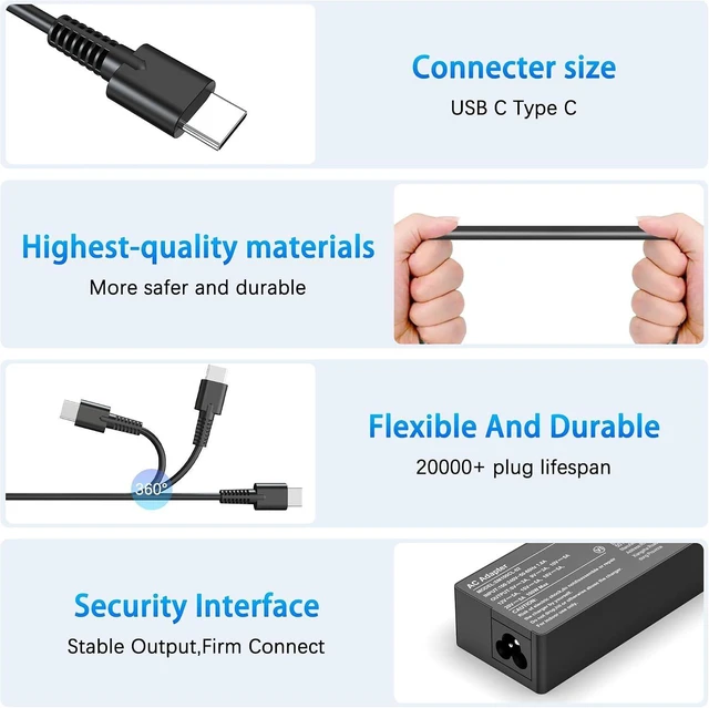Alt view image 11 of 14 - 100W USB Type C Laptop Charger Universal Compatible with Lenovo, Acer, Dell, HP, Asus, Mac Book and More Devices, USB C Power Adapter