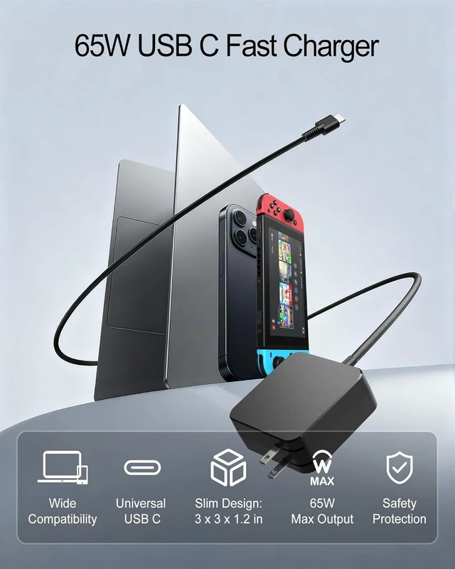 Alt view image 9 of 14 - Universal 65W USB C Charger Compatible with Lenovo, MacBook, ASUS, HP, Dell, Acer, Nintendo Switch, Steam Deck, ROG Xbox Ally and All Type C Devices, Foldable GaN PD3.0 Laptop Power Adapter