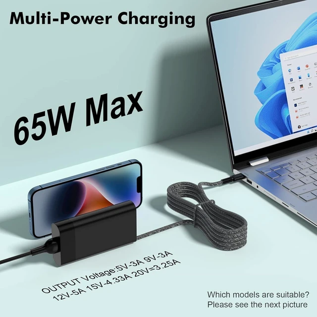 Alt view image 11 of 14 - New Slim HP 65W USB C Laptop Charger Replacement for HP Spectre x360, Envy, Chromebook, Elitebook x360, Pavilion, Elite x2 Travel Computer Type C AC Adapter Power Cord Braided