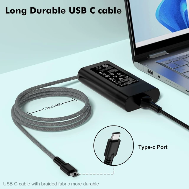 Alt view image 14 of 14 - New Slim HP 65W USB C Laptop Charger Replacement for HP Spectre x360, Envy, Chromebook, Elitebook x360, Pavilion, Elite x2 Travel Computer Type C AC Adapter Power Cord Braided