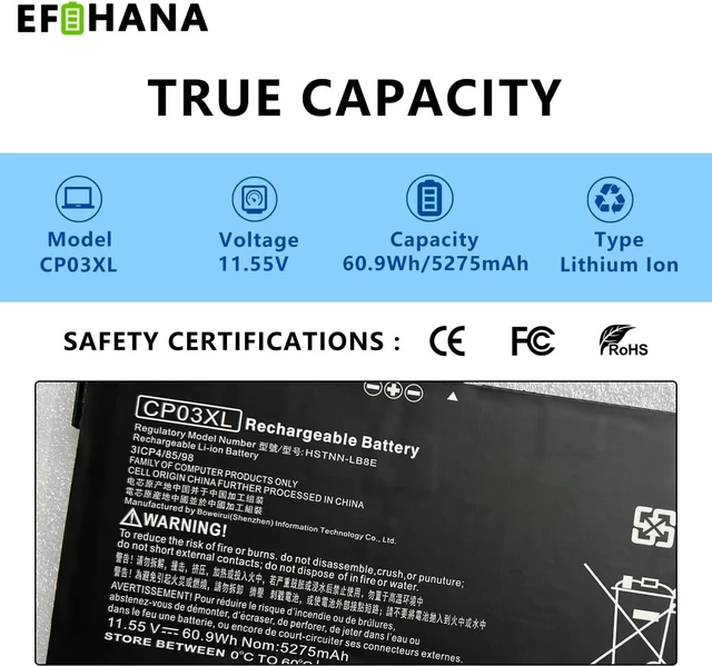 Alt view image 10 of 14 - CP03XL 929072-855 Laptop Battery Replacement for Hp Spectre X360 Convertible 3-ae 13-ae0xx 13-ae000 13-ae013dx 13-ae049ng 13-ae001ng 929066-421 HSTNN-LB8E CPO3XL CP03060XL 11.55V 60.9Wh 5275mAh