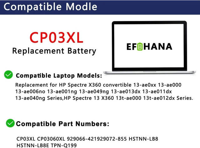 Alt view image 11 of 14 - CP03XL 929072-855 Laptop Battery Replacement for Hp Spectre X360 Convertible 3-ae 13-ae0xx 13-ae000 13-ae013dx 13-ae049ng 13-ae001ng 929066-421 HSTNN-LB8E CPO3XL CP03060XL 11.55V 60.9Wh 5275mAh