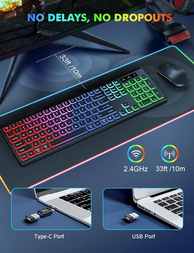 Alt view image 11 of 14 - Wireless Keyboard and Mouse Combo - RGB Backlit, Rechargeable & Light Up Letters, Full-Size, Ergonomic Tilt Angle, Sleep Mode, 2.4GHz Quiet Keyboard Mouse for Mac, Windows, Laptop, PC