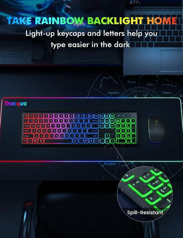 Alt view image 14 of 14 - Wireless Keyboard and Mouse Combo - RGB Backlit, Rechargeable & Light Up Letters, Full-Size, Ergonomic Tilt Angle, Sleep Mode, 2.4GHz Quiet Keyboard Mouse for Mac, Windows, Laptop, PC