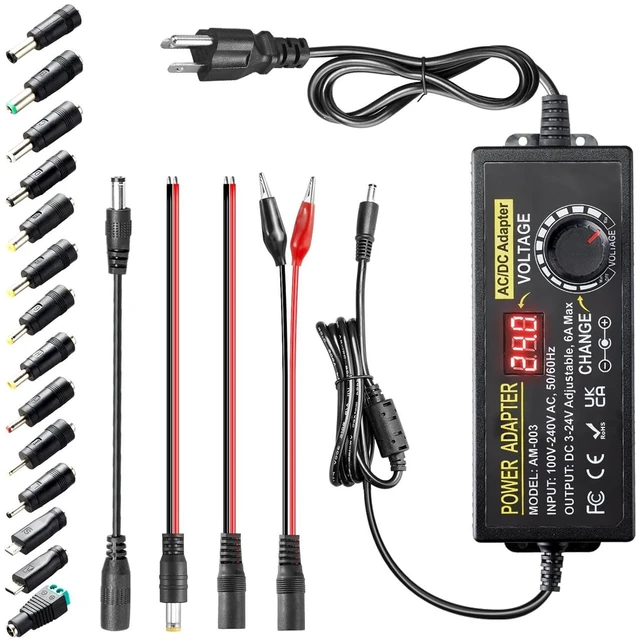 Alt view image 8 of 14 - 3V~24V 6A 144W Adjustable Power Supply 3V 5V 6V 9V 10V 12V 15V 18V 20V 24V Universal Variable Switching Power AC/DC Adapter,100V-240V AC to DC Converter with 14 Tips & Polarity Converter & 3Test Leads