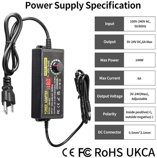 Alt view image 9 of 14 - 3V~24V 6A 144W Adjustable Power Supply 3V 5V 6V 9V 10V 12V 15V 18V 20V 24V Universal Variable Switching Power AC/DC Adapter,100V-240V AC to DC Converter with 14 Tips & Polarity Converter & 3Test Leads