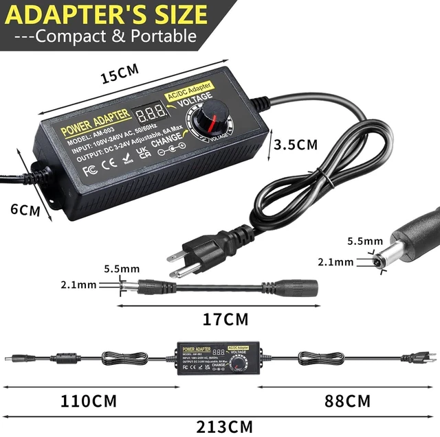 Alt view image 10 of 14 - 3V~24V 6A 144W Adjustable Power Supply 3V 5V 6V 9V 10V 12V 15V 18V 20V 24V Universal Variable Switching Power AC/DC Adapter,100V-240V AC to DC Converter with 14 Tips & Polarity Converter & 3Test Leads