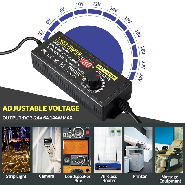 Alt view image 14 of 14 - 3V~24V 6A 144W Adjustable Power Supply 3V 5V 6V 9V 10V 12V 15V 18V 20V 24V Universal Variable Switching Power AC/DC Adapter,100V-240V AC to DC Converter with 14 Tips & Polarity Converter & 3Test Leads