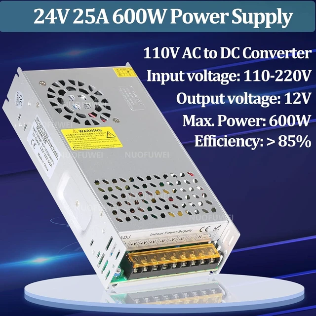 Alt view image 9 of 14 - New Version DC 24V 25A 600W Power Supply Adapter 110V AC to 24V DC Converter Power Supply 600W Switch Transformer for Winch Car Jack LCD Monitor CCTV Security Camera Car Stereo and More 24v Device