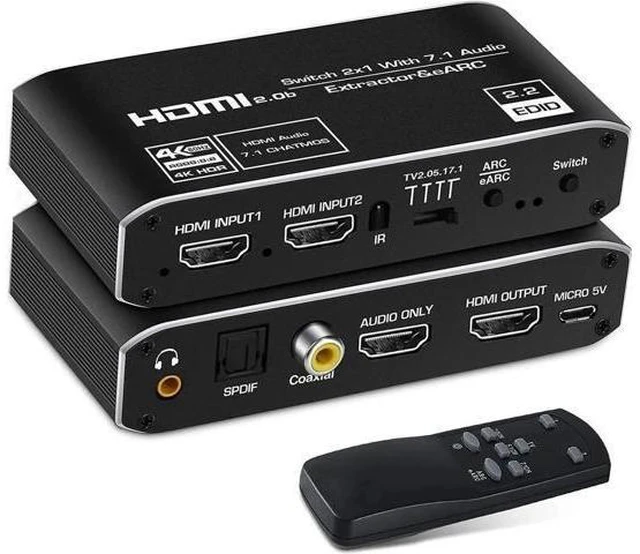 Alt view image 8 of 14 - 2 in 1 Out HDMI 2.0b Audio Extractor Switch 4K@60Hz with Remote, eARC ARC HDMI Audio Converter, 7.1CH Dolby Atmos, Optical SPDIF, Coaxial & 3.5mm Audio Output, HDCP 2.3 Compliant