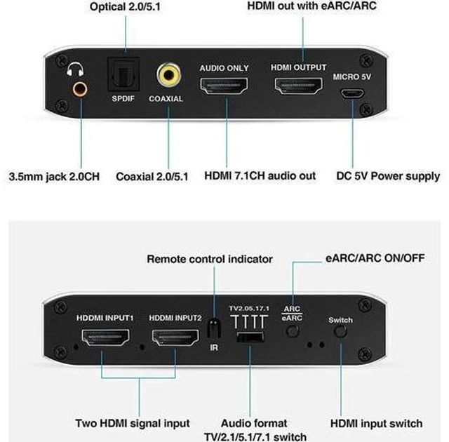 Alt view image 14 of 14 - 2 in 1 Out HDMI 2.0b Audio Extractor Switch 4K@60Hz with Remote, eARC ARC HDMI Audio Converter, 7.1CH Dolby Atmos, Optical SPDIF, Coaxial & 3.5mm Audio Output, HDCP 2.3 Compliant