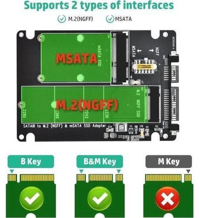 Alt view image 14 of 14 - Aomoproing M.2 to SATA Adapter - 2 in 1 Converter for MSATA/M.2 NGFF SSD to 2.5" SATA III, Supports B&M Key, Not for M Key