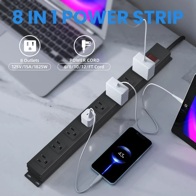 Alt view image 9 of 14 - 8 Outlet Metal Power Strip,6FT Long Extension Cord Heavy Duty Power Strip for Kitchen,Office,School,Commercial,Workshop,Industrial ETL Certified and Listed Socket,1825W/125V/15A,Black(6FT)