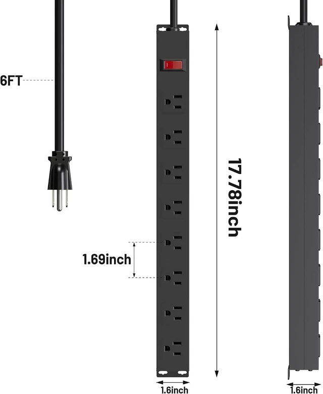 Alt view image 14 of 14 - 8 Outlet Metal Power Strip,6FT Long Extension Cord Heavy Duty Power Strip for Kitchen,Office,School,Commercial,Workshop,Industrial ETL Certified and Listed Socket,1825W/125V/15A,Black(6FT)