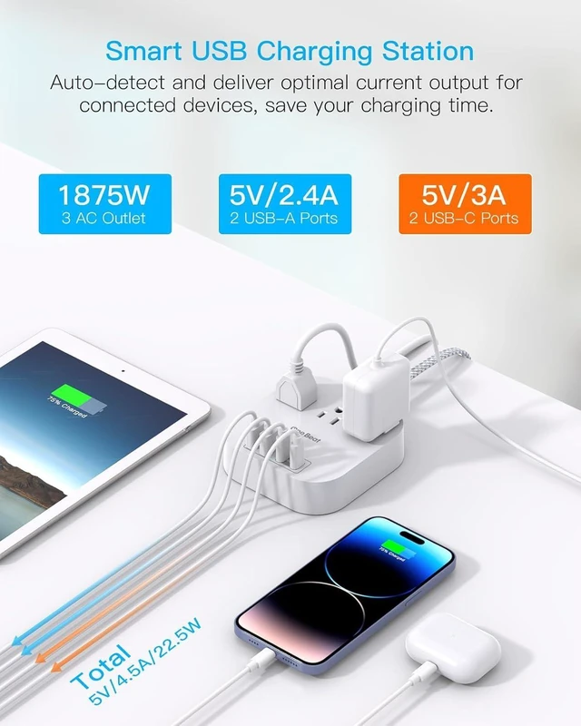 Alt view image 9 of 14 - One Beat Power Strip with USB C, 3 Outlets 4 USB Ports (22.5W/4.5A) Desktop Charging Station, Flat Plug, 5ft Braided Extension Cord, Non Surge Protector for Travel, Cruise Ship, ETL Listed