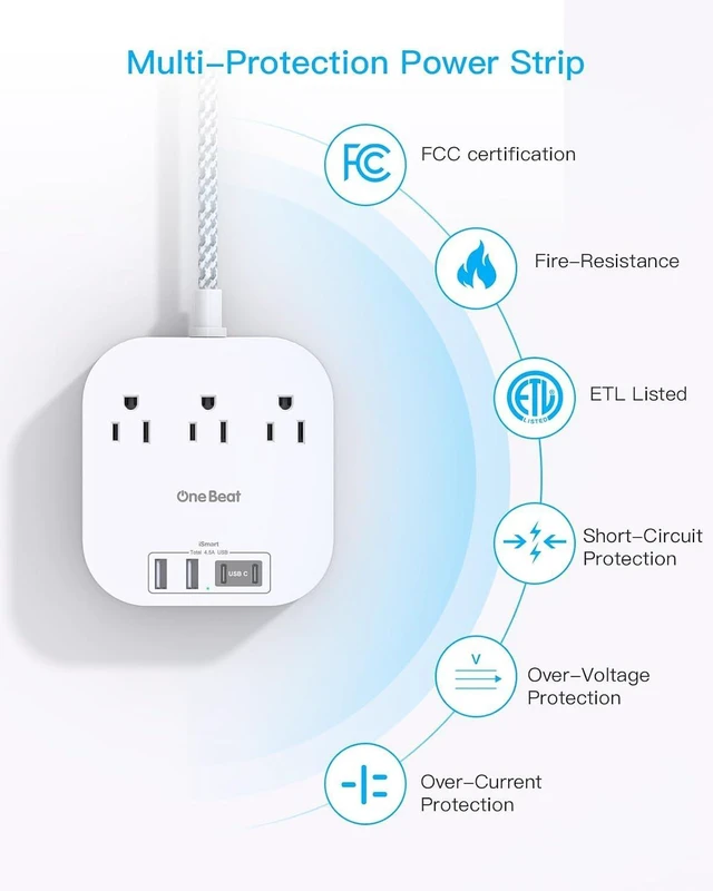 Alt view image 12 of 14 - One Beat Power Strip with USB C, 3 Outlets 4 USB Ports (22.5W/4.5A) Desktop Charging Station, Flat Plug, 5ft Braided Extension Cord, Non Surge Protector for Travel, Cruise Ship, ETL Listed