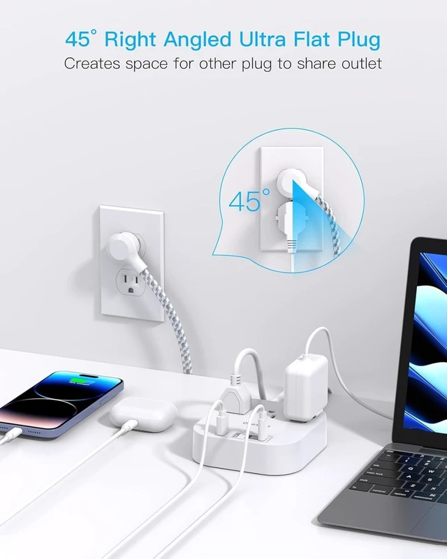 Alt view image 13 of 14 - One Beat Power Strip with USB C, 3 Outlets 4 USB Ports (22.5W/4.5A) Desktop Charging Station, Flat Plug, 5ft Braided Extension Cord, Non Surge Protector for Travel, Cruise Ship, ETL Listed