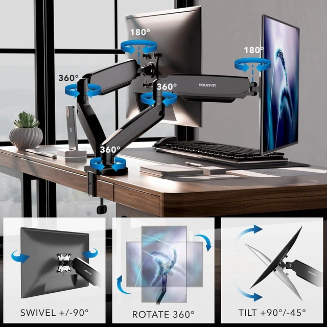 Alt view image 9 of 14 - Mount-It! Dual Monitor Desk Mount Full Motion Gas Spring Arms, Fits 13 to 32 Inch Screens, Holds 17.6 lbs per Arm, Dual Monitor Stand, VESA Mount, C-Clamp & Grommet Base